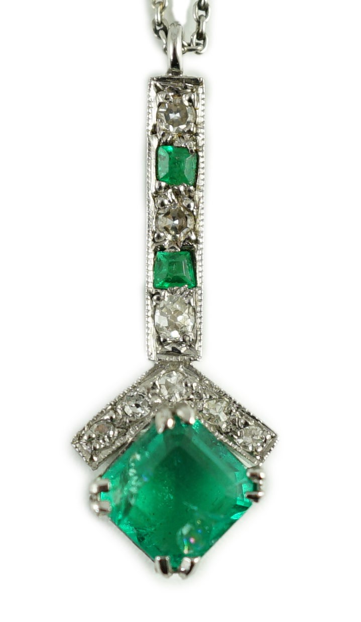 A 1920's platinum?, emerald and diamond set pendant necklace